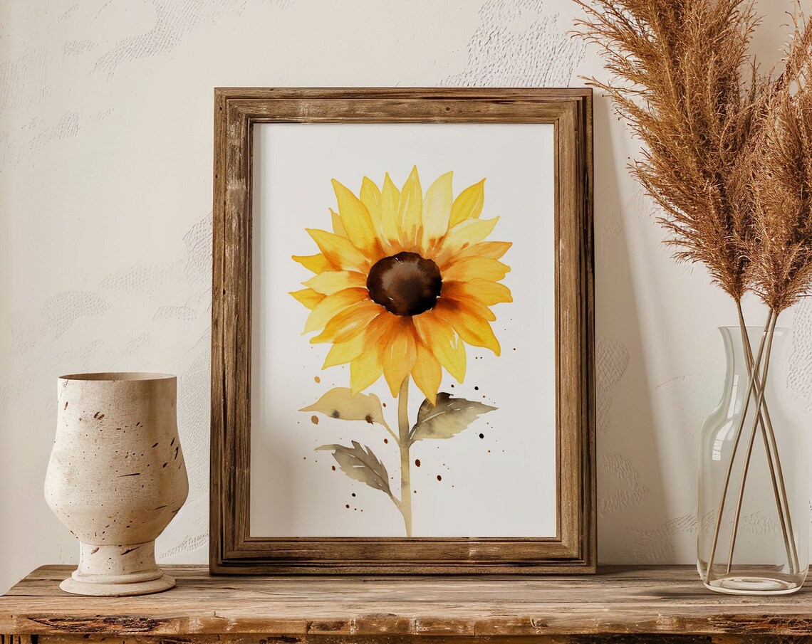 Yellow Sunflower Watercolor Bloom Rustic Botanical Art Poster