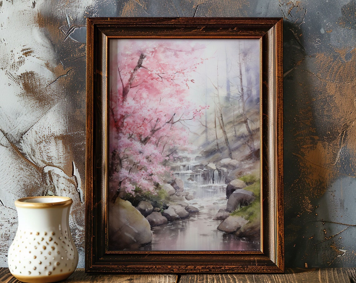 Cherry Blossom Sakura Tree Waterfall Stream Pink Watercolor Poster - Image 5