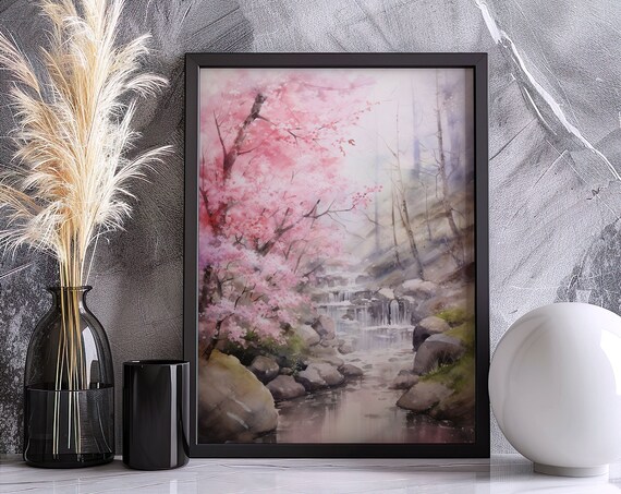 Cherry Blossom Sakura Tree Waterfall Stream Pink Watercolor Poster