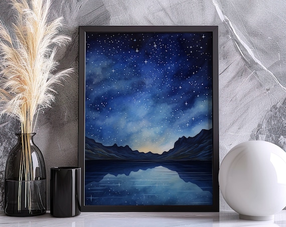 Night Sky Milky Way Painting Wall Art Poster Vintage Art Starry Night Sky Decor Watercolor Illustration Nature Minimalist