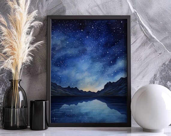 Starry Night Sky Over Mountain Lake Reflective Nature Art Poster