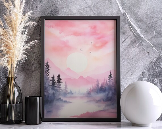 Pink Sunrise Over Misty Purple Mountains Pine Forest Lake Watercolor Poster