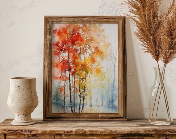Red Orange Autumn Trees Forest Fall Watercolor Landscape Poster