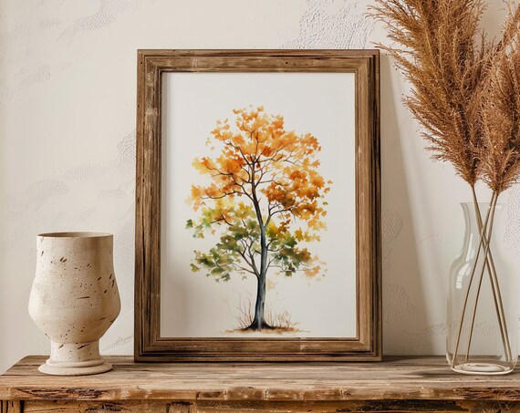 Golden Autumn Tree with Orange Green Watercolor Leaves Poster