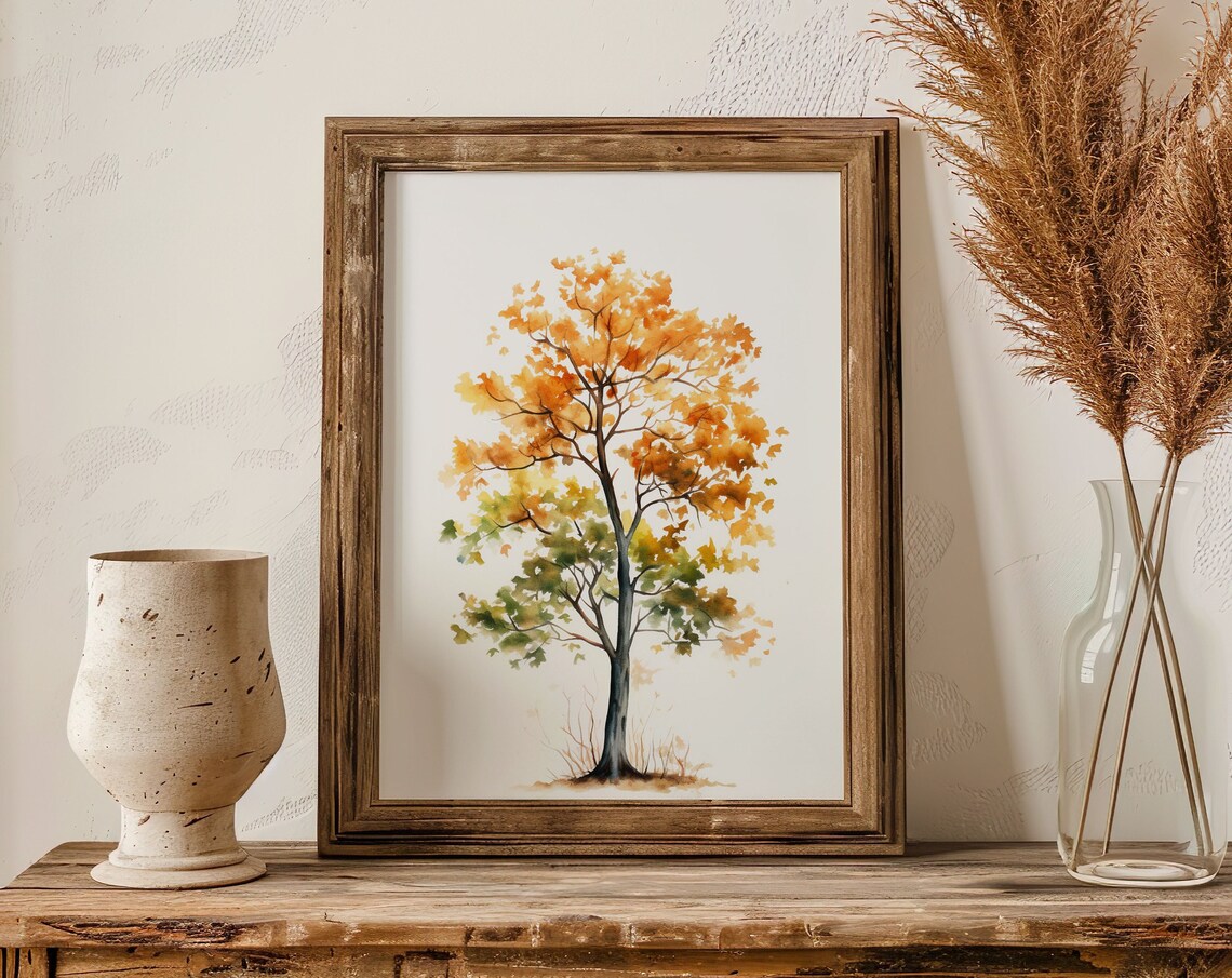 Golden Autumn Tree with Orange Green Watercolor Leaves Poster