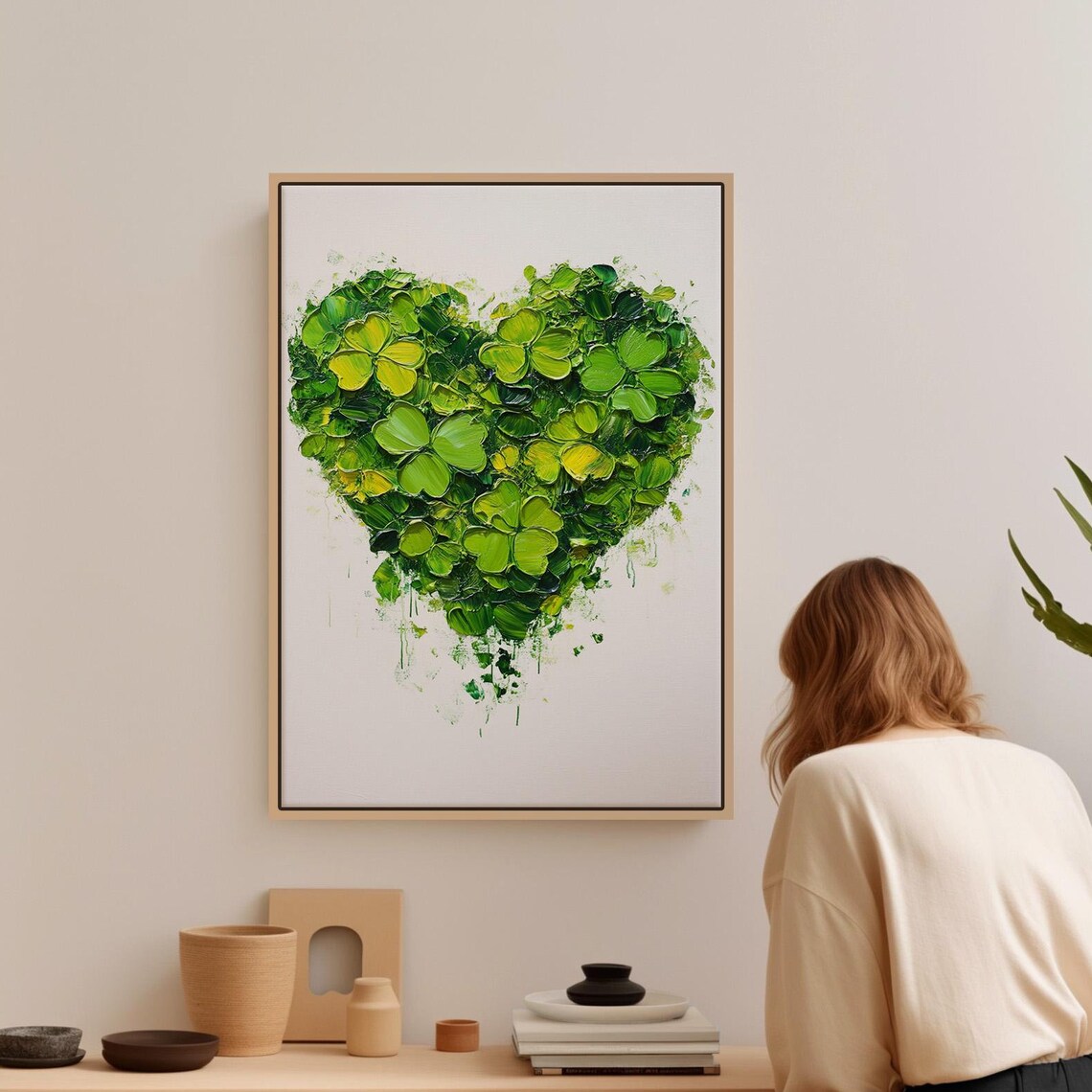 Lucky Green Clover Heart St Patrick Day Botanical Painting Wall Art