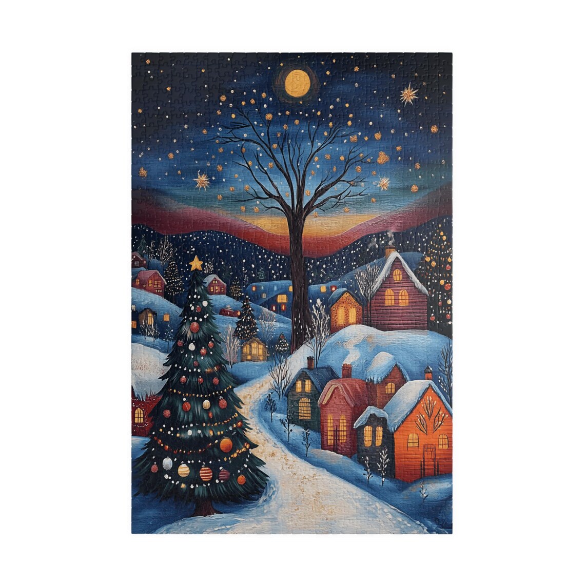 Snowy Christmas Village Under a Moonlit Golden Night Sky Art Print - Image 3
