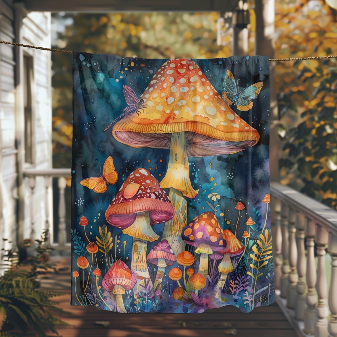 Magical Night Garden of Glowing Mushrooms With Butterflies Poster