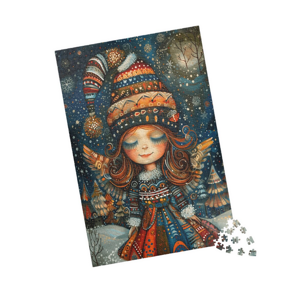 Little Winter Fairy in Festive Patterned Clothes with Snow Art Poster - Image 4
