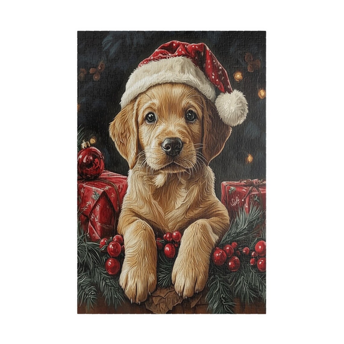 Golden Retriever Puppy in Santa Hat With Christmas Gifts Dog Poster - Image 3