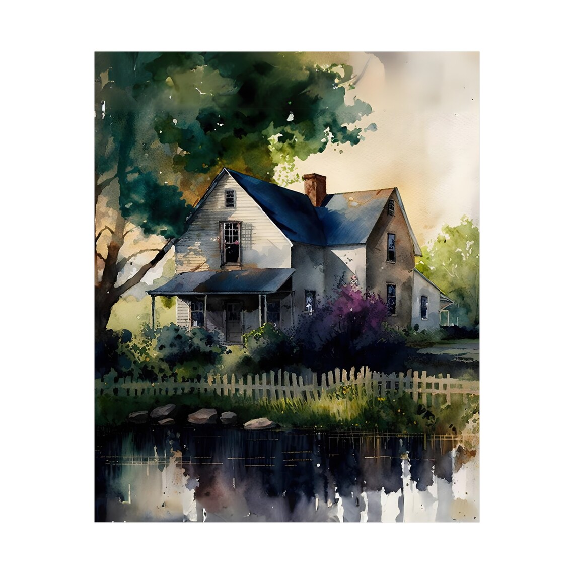 Watercolor Farmhouse Beside a Peaceful Reflecting Pond Poster - Image 3