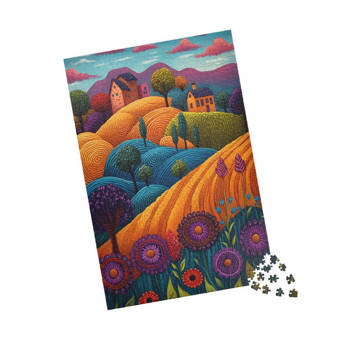 Folk Art Fall Landscape Golden Hills Purple Mountains and Flowers Poster - Image 4