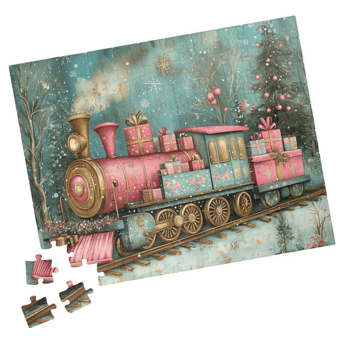 Pink and Blue Christmas Train with Presents Snowy Winter Poster