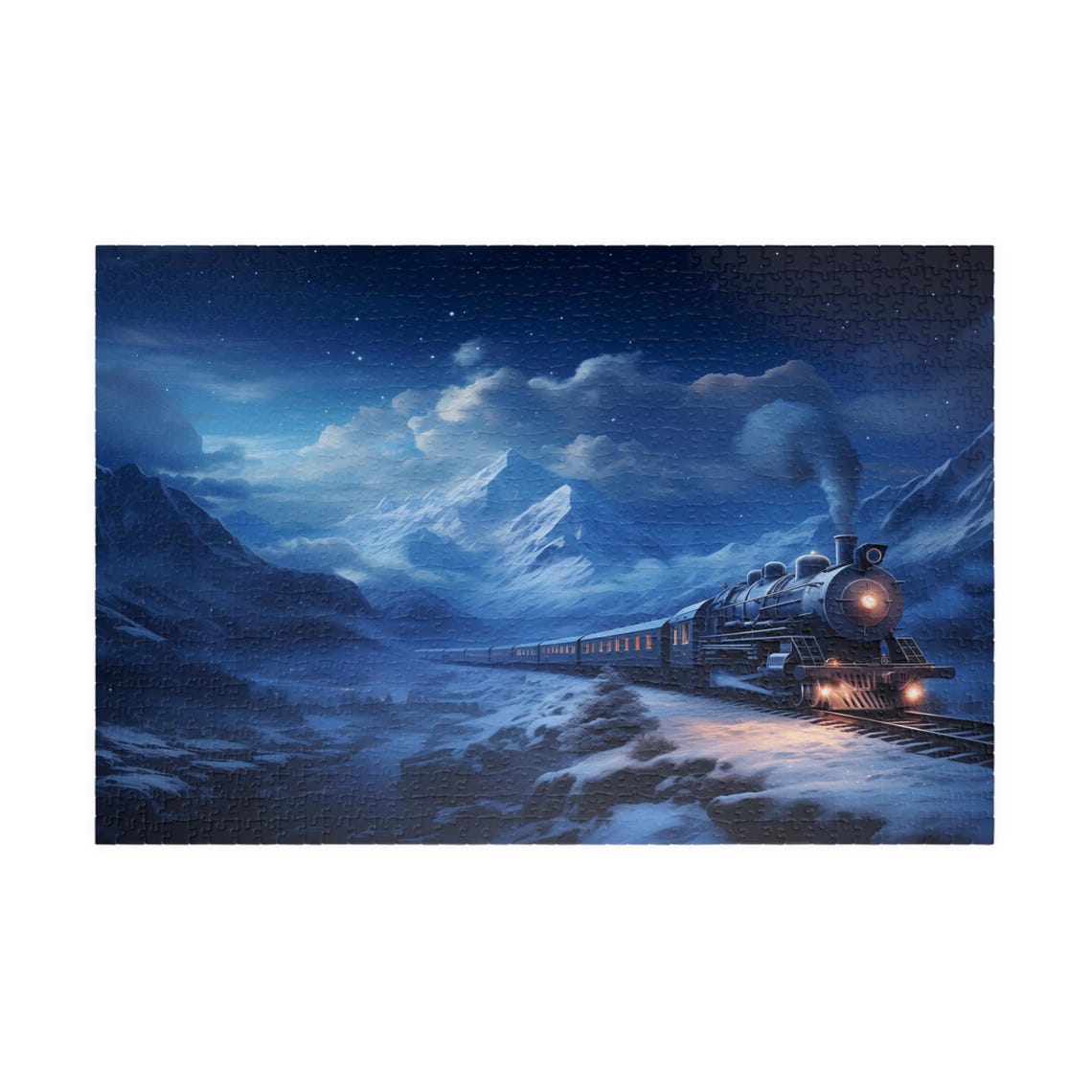Moonlit Steam Train Crossing A Snowy Mountain Pass Art Poster - Image 3