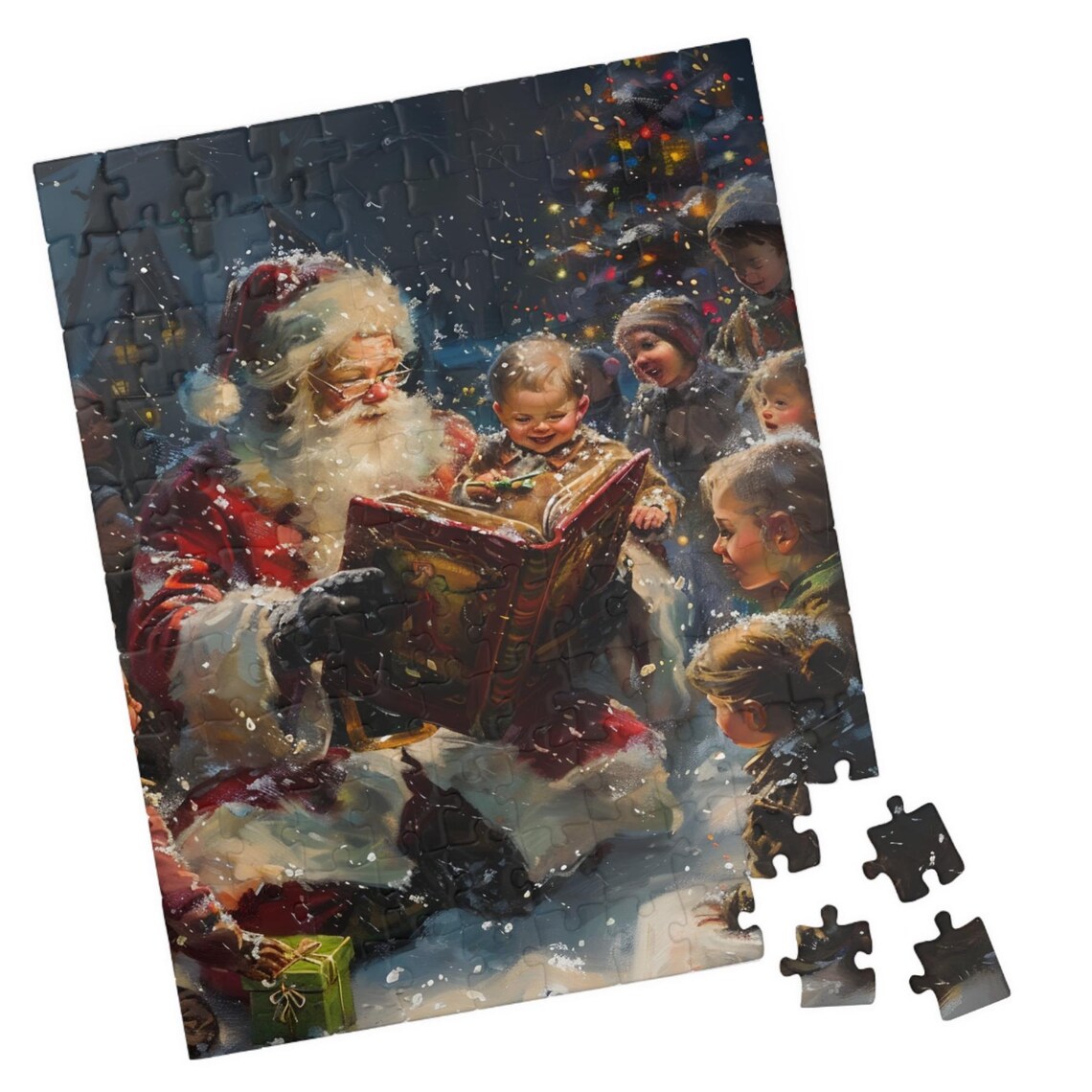 Santa Claus Reading Christmas Story To Children Night Art Poster