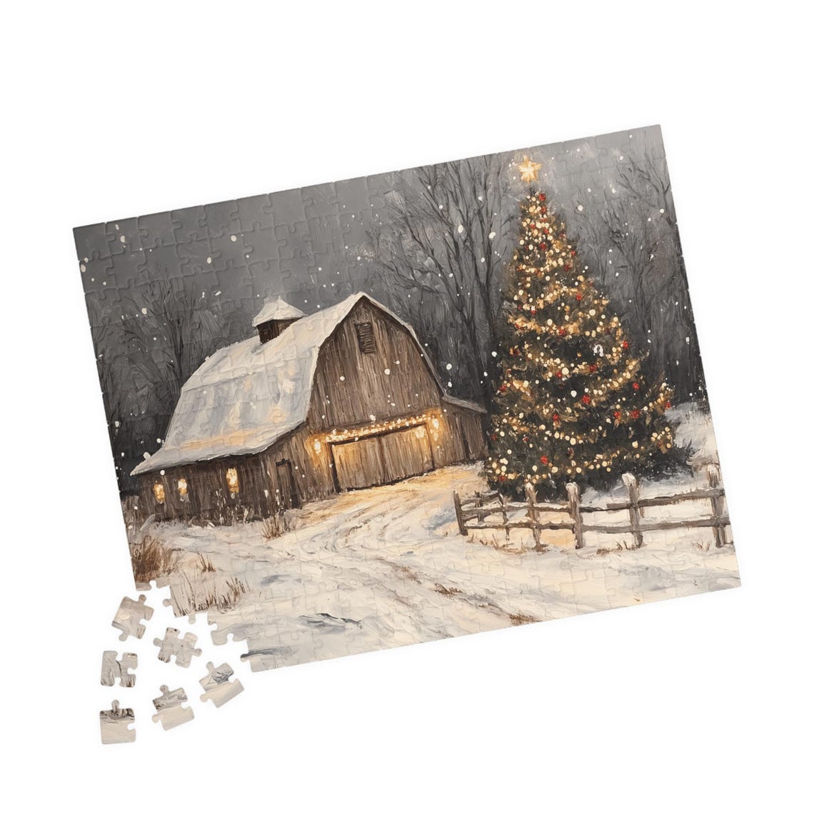 Snow Covered Barn Beside A Glowing Christmas Tree Winter Night Print - Image 4