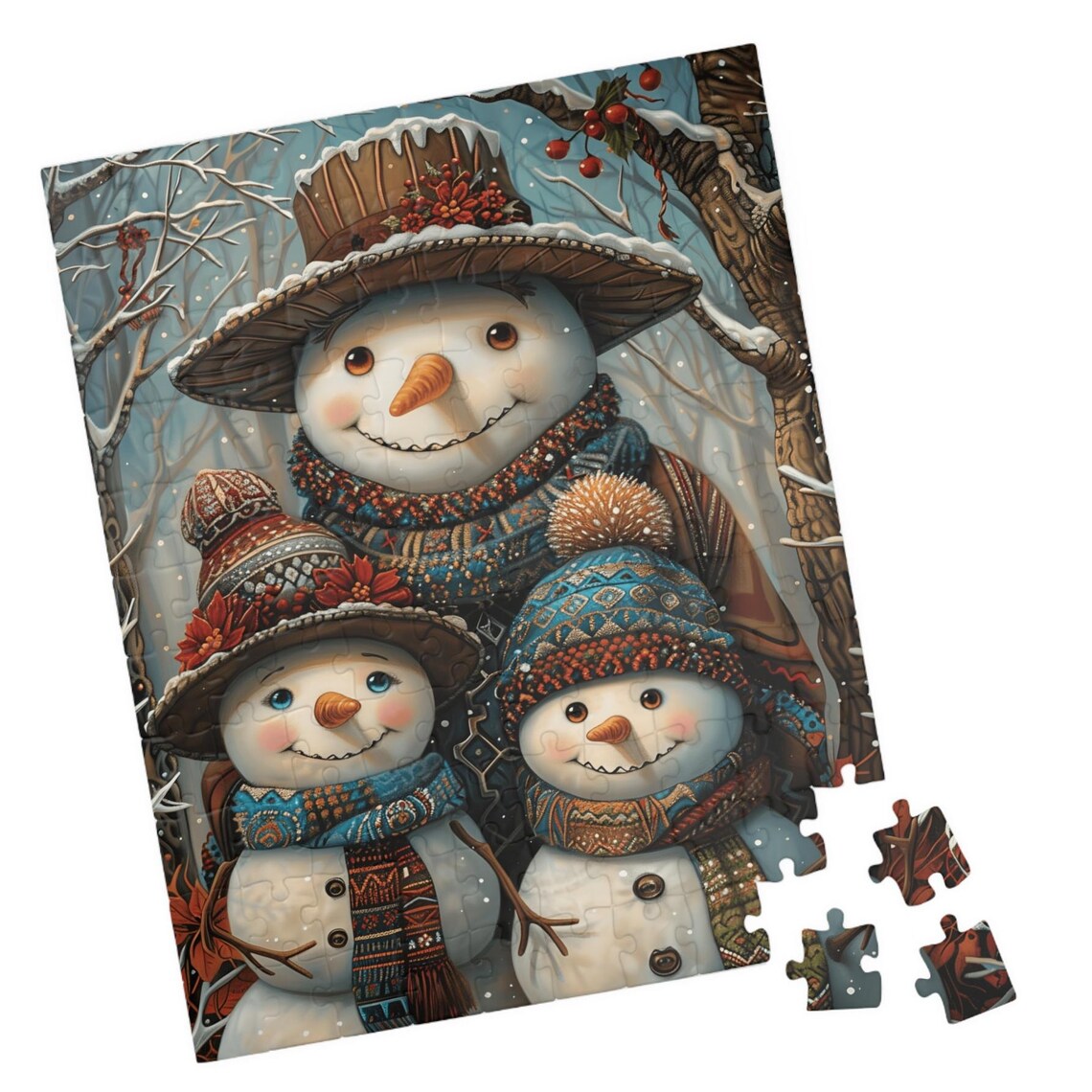 Snowdad and Two Snowkids in Cozy Knit Hats Snowing Woods Poster