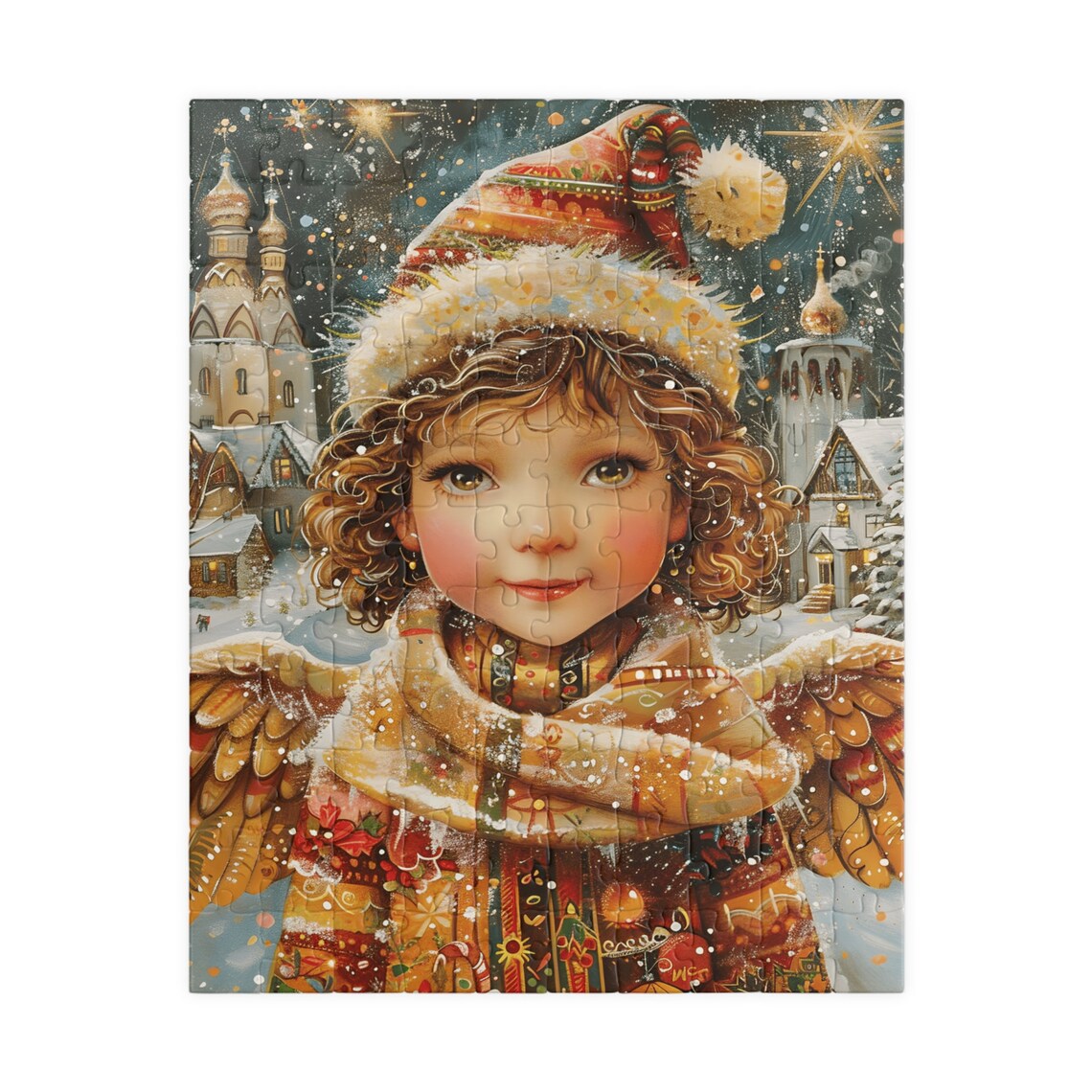 Winter Angel Child Curly Hair Knit Hat Golden Wings Snow Poster - Image 5