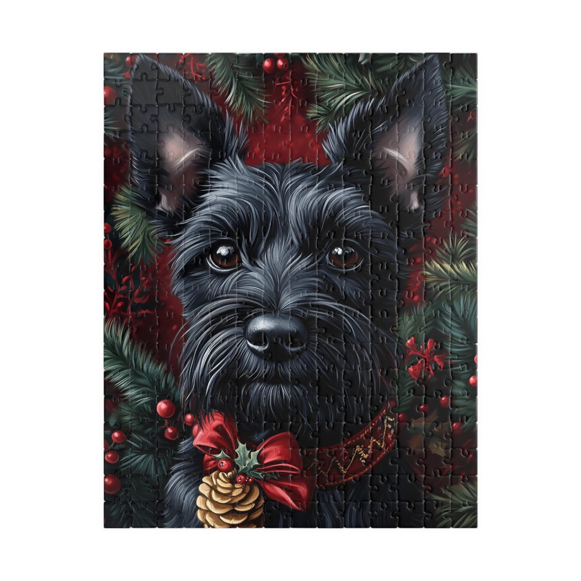 Black Scottish Terrier with a Red Holiday Bow in Pine Branches Print - Image 5