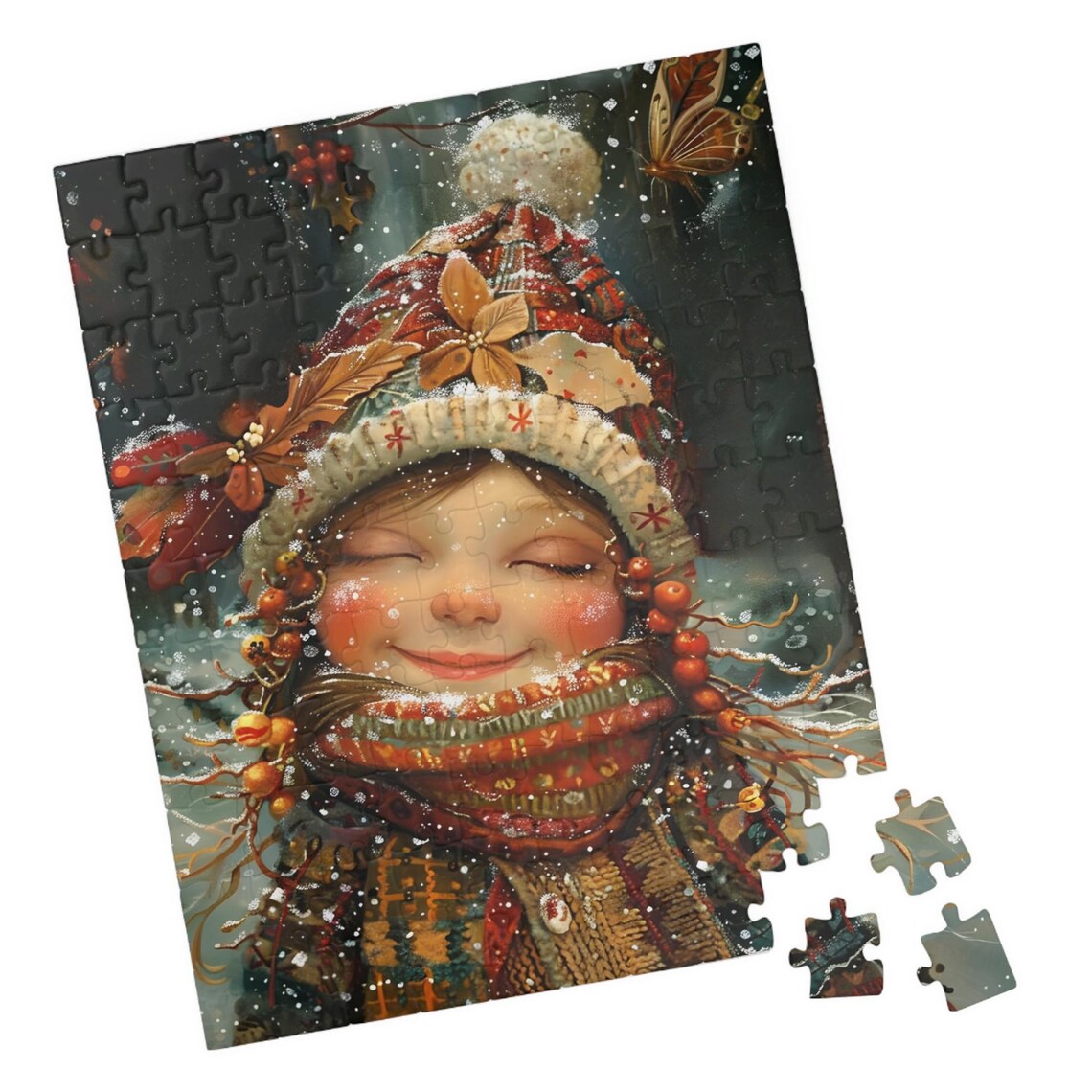 Smiling Girl in Festive Winter Hat and Scarf in Falling Snow Poster