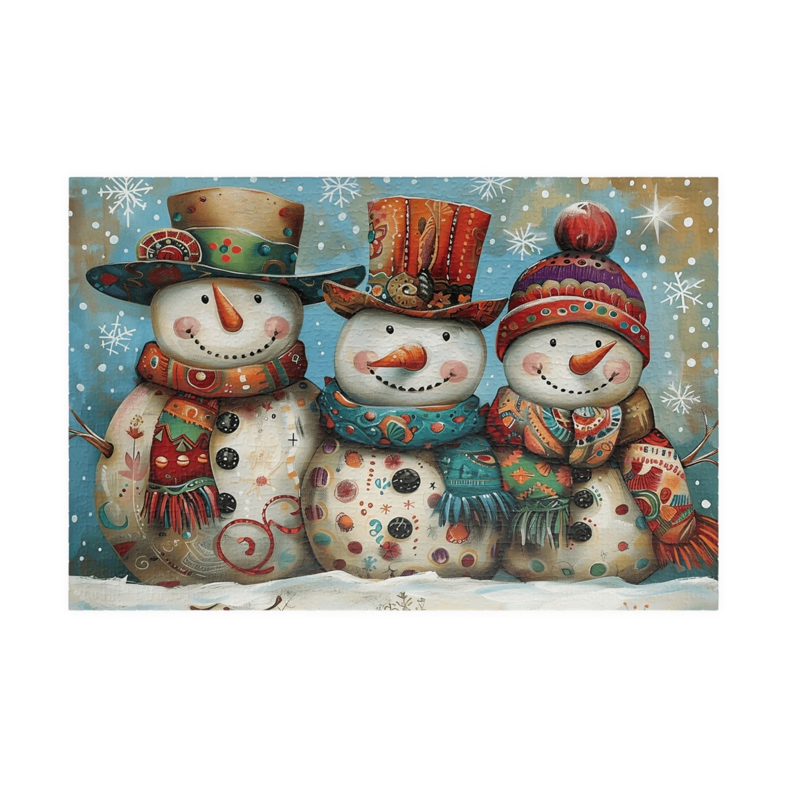Three Whimsical Snowmen In Tall Decorated Winter Hats Art Poster - Image 3