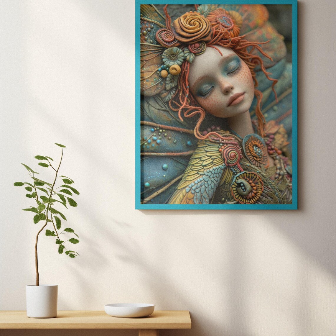 Sleeping Forest Fairy Portrait Teal Wings Flower Crown Dream Poster - Image 2