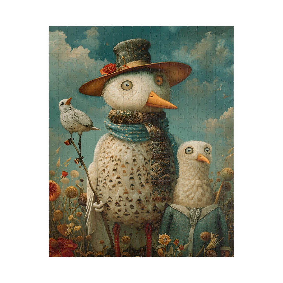 Whimsical Birds in Country Clothes in a Wildflower Meadow Scene Poster - Image 5
