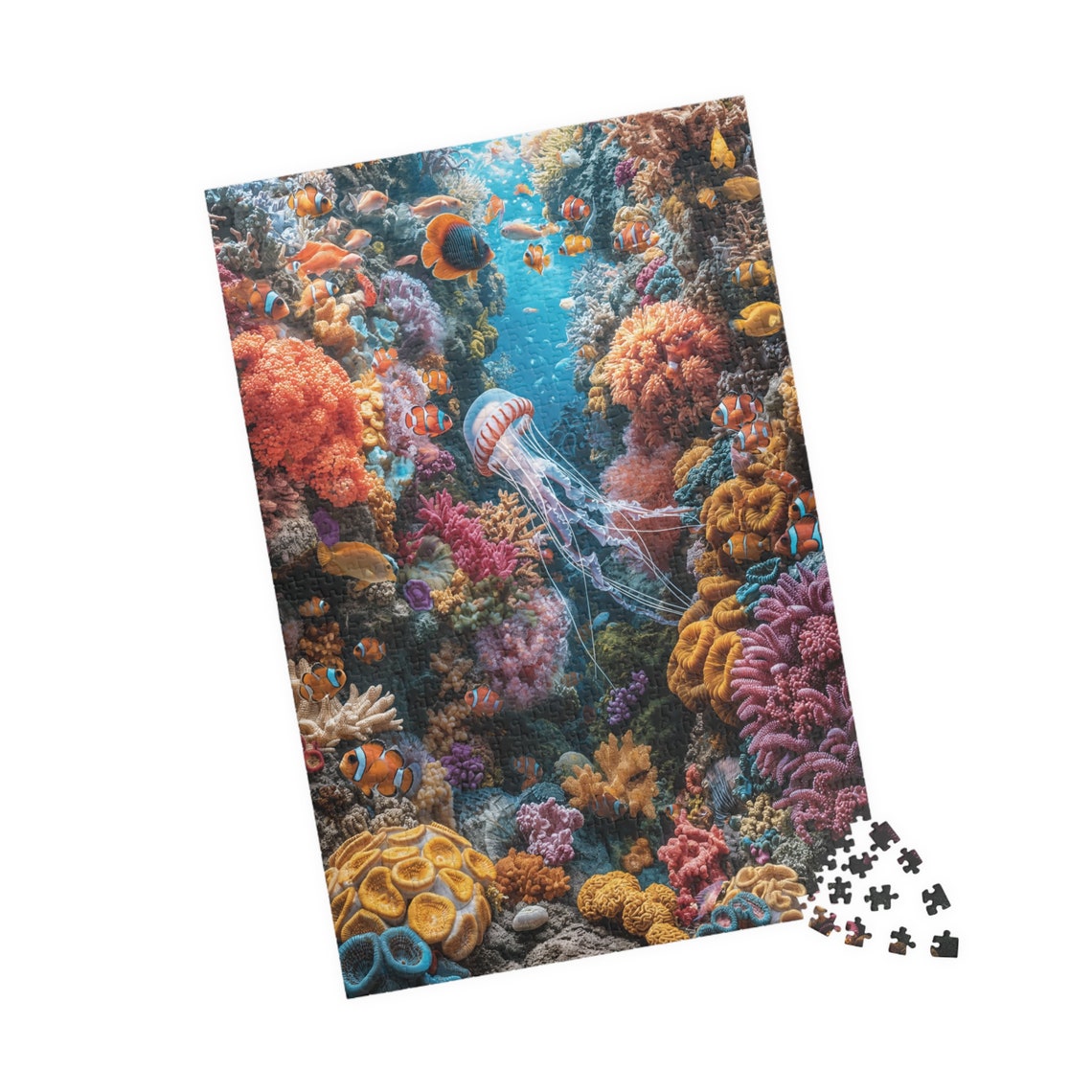 Vibrant Coral Reef with Jellyfish and Clownfish in Turquoise Sea Print - Image 4