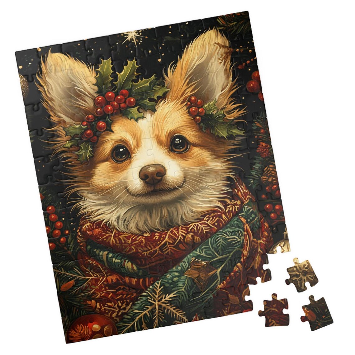 Corgi in Holly Crown and Plaid Scarf Festive Christmas Dog Art Poster