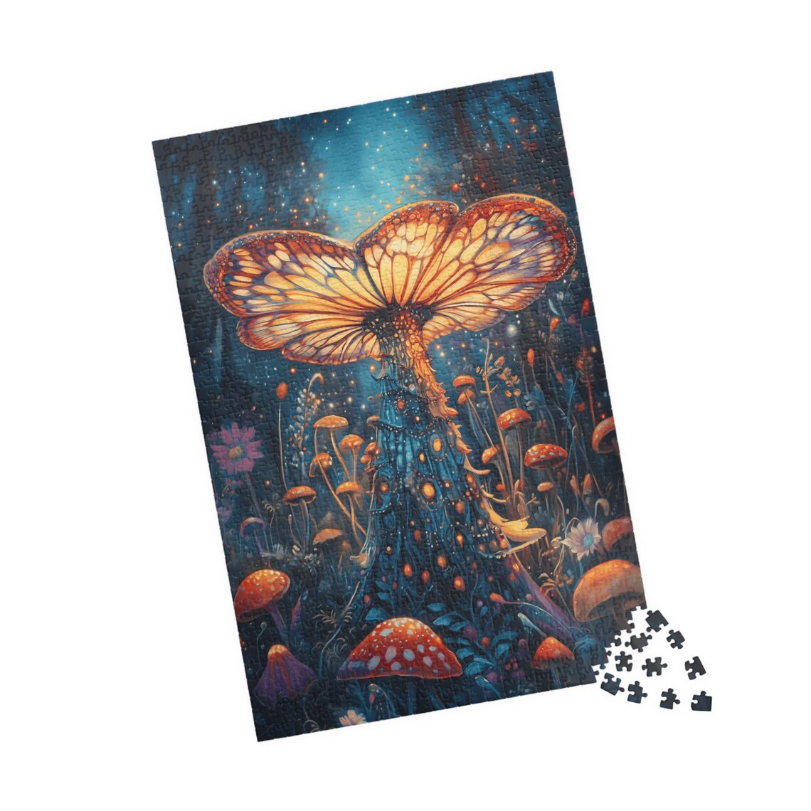 Glowing Forest Mushroom With Butterfly Wings at Night Poster - Image 5