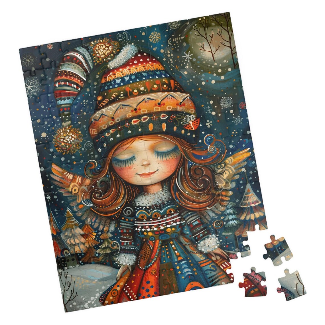 Little Winter Fairy in Festive Patterned Clothes with Snow Art Poster