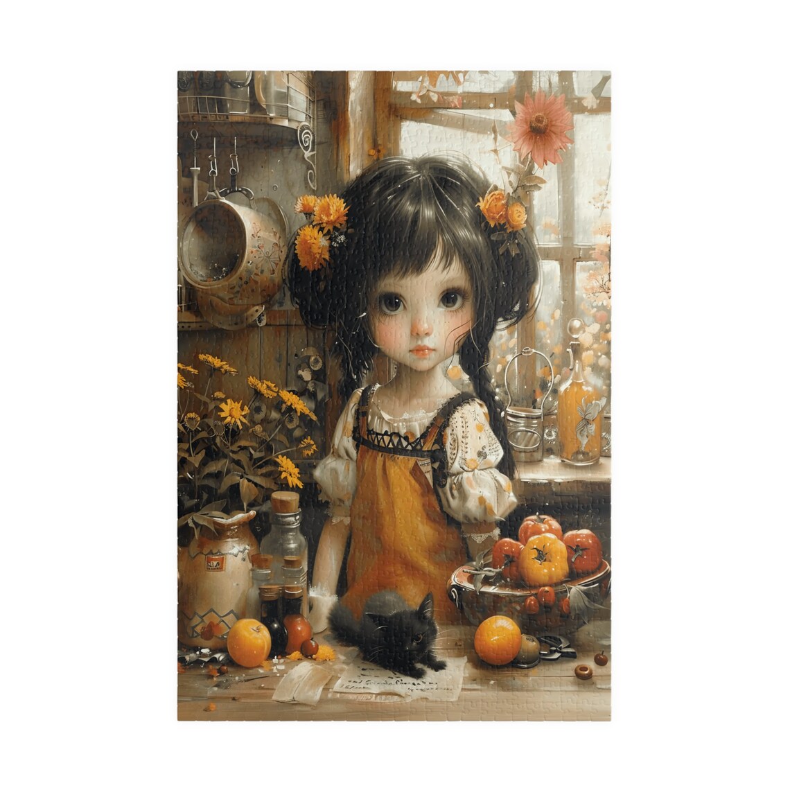 Little Girl in Rustic Fall Kitchen with Black Kitten and Harvest Poster - Image 3