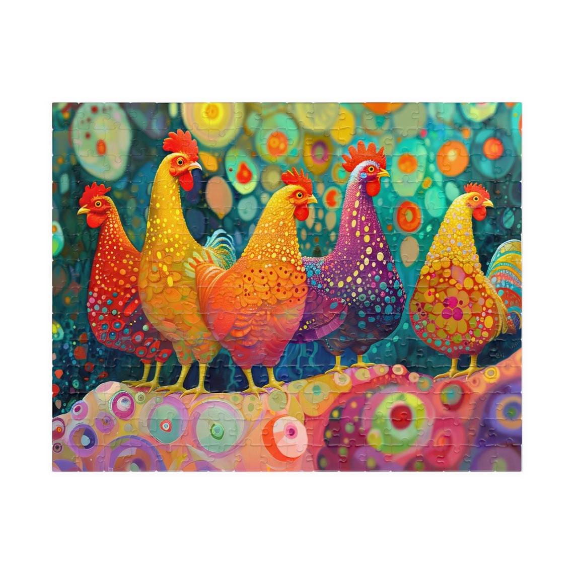 Five Whimsical Multicolored Chickens Bold Pop Art Scene Poster - Image 2