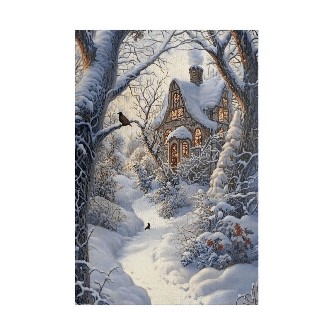 Snowy English Stone Cottage in a Winter Wonderland Forest Scene Poster - Image 3