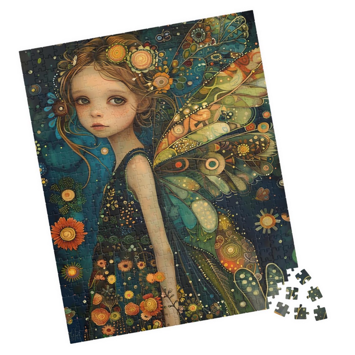 Boho Fairy Portrait With Ornate Teal Wings Night Garden Art Poster