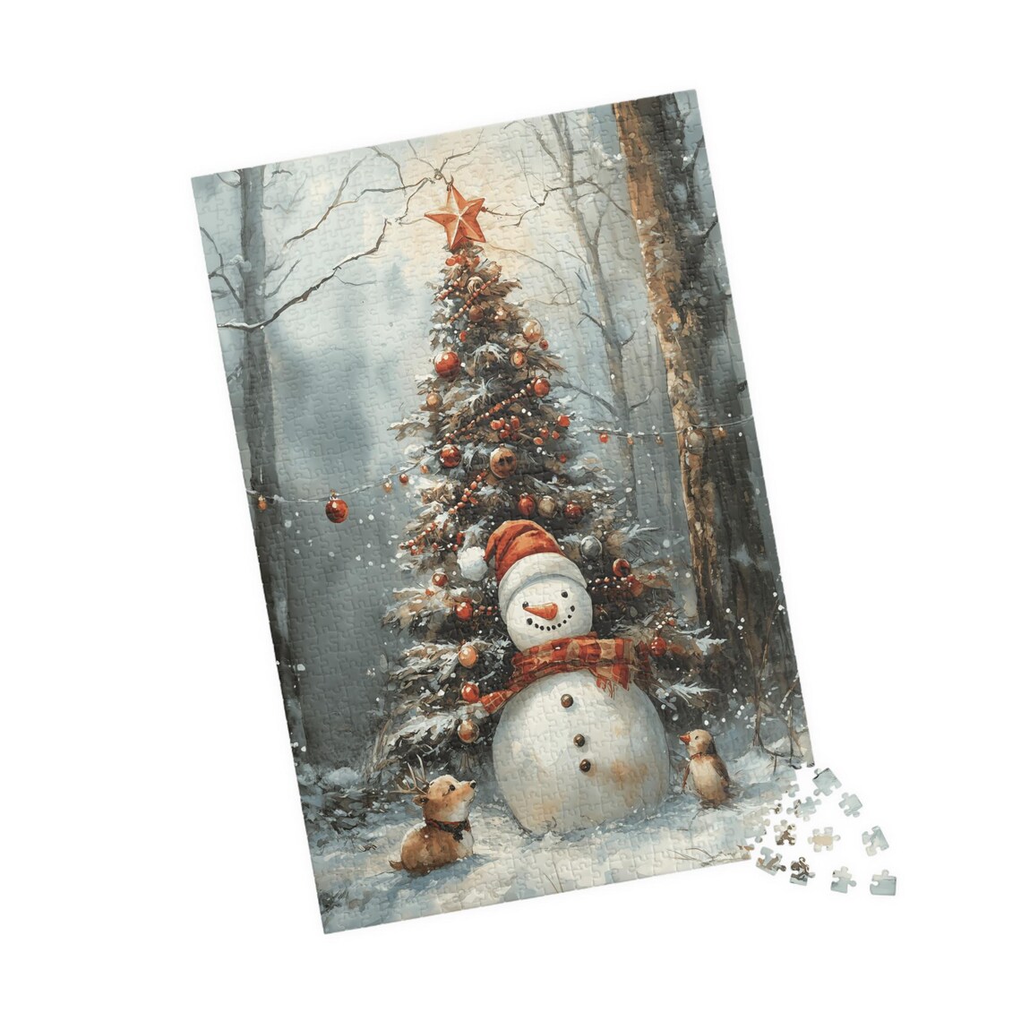 Snowman With A Fawn And Bird By A Christmas Tree Watercolor Print - Image 4