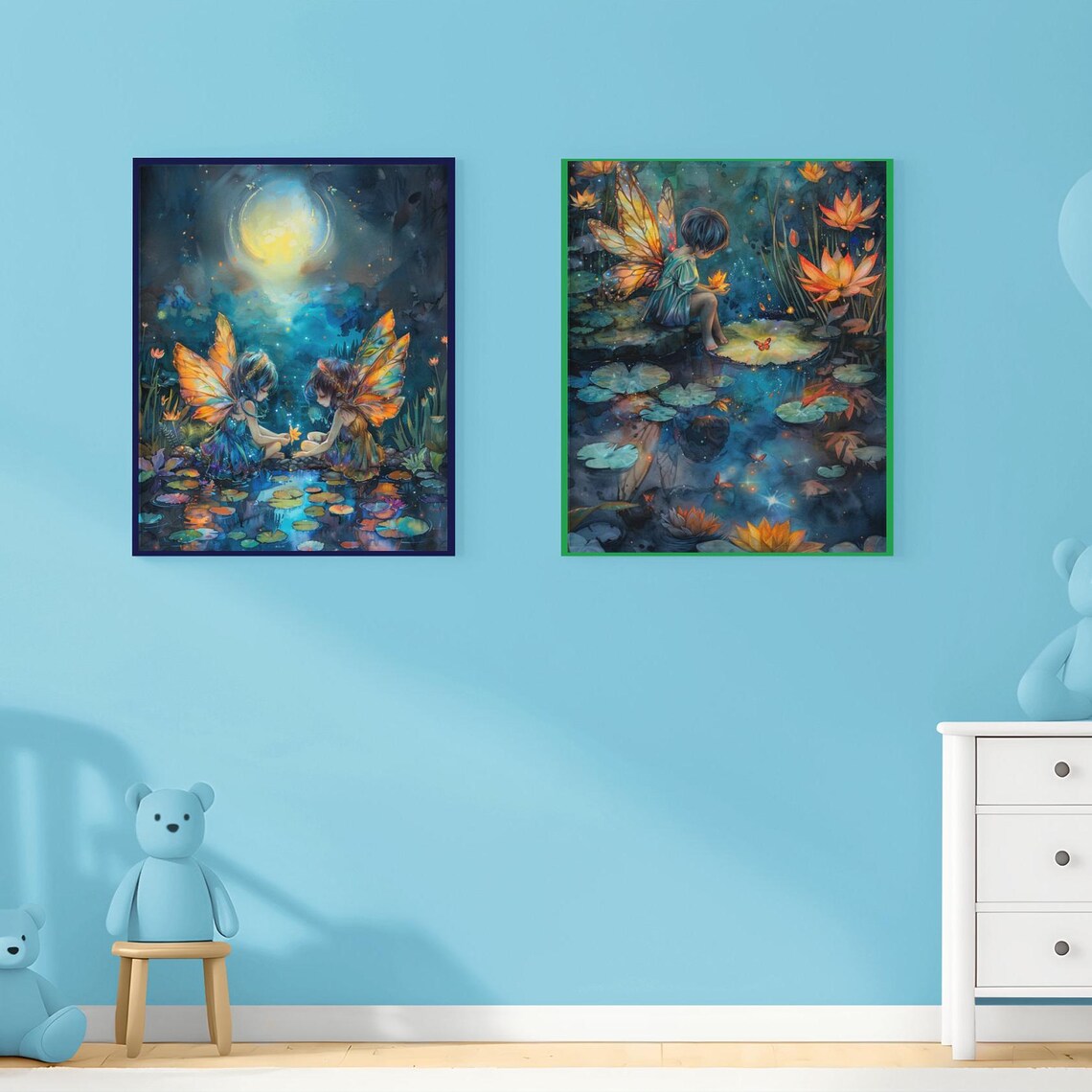 Two Little Fairies Sharing a Moment at a Moonlit Lily Pond Poster - Image 2