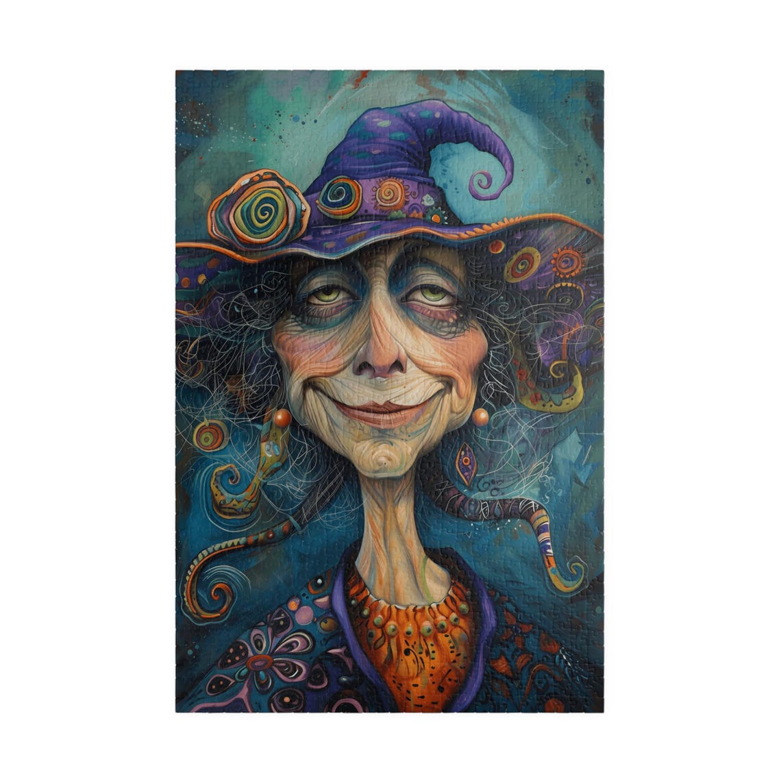 Whimsical Smiling Witch Portrait Colorful Jigsaw Puzzle Print - Image 3