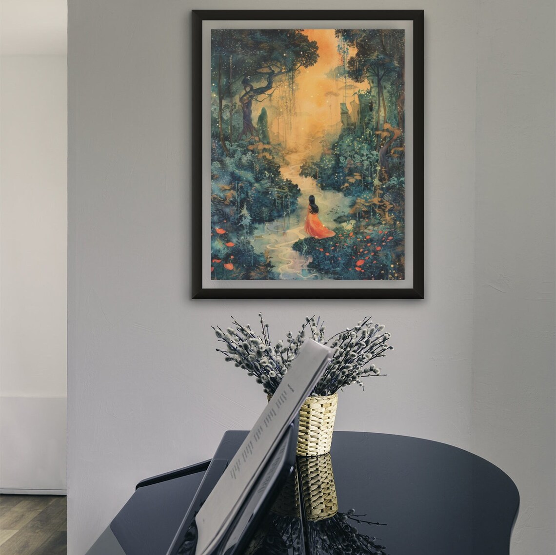 Woman in Orange Gown Walking a Glowing Golden Forest Path Poster - Image 2