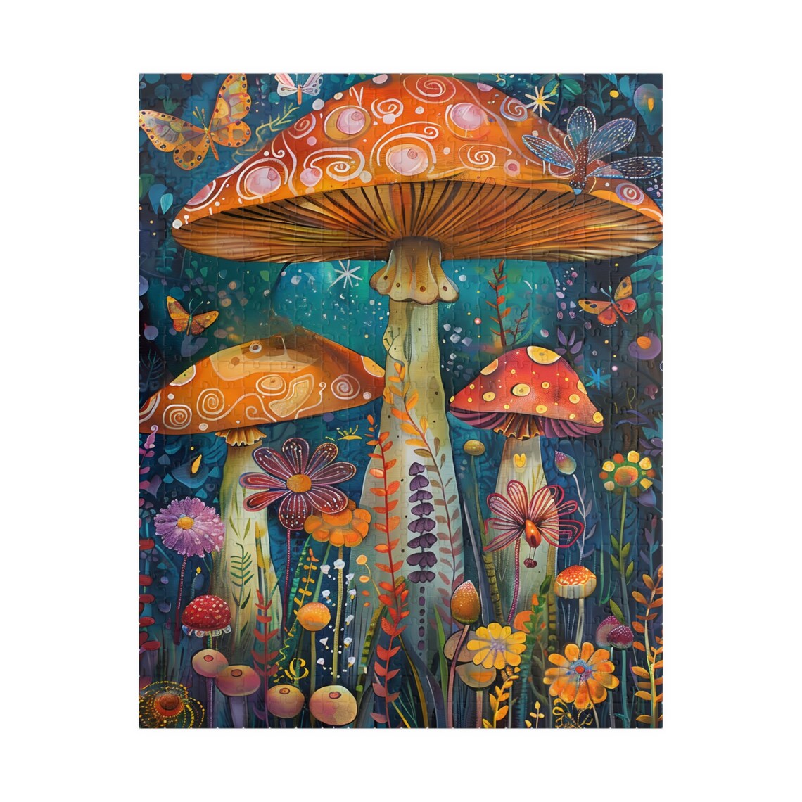 Whimsical Giant Mushrooms Butterflies Flowers Folk Night Poster - Image 5