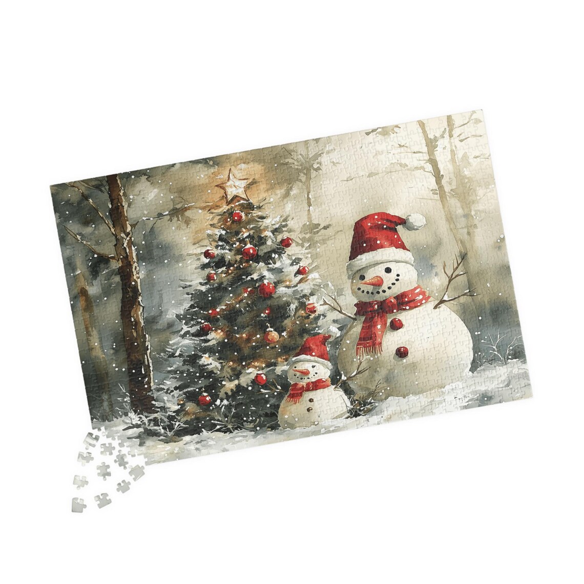 Two Snowmen With Santa Hats By A Christmas Tree In Snow Art Print - Image 4