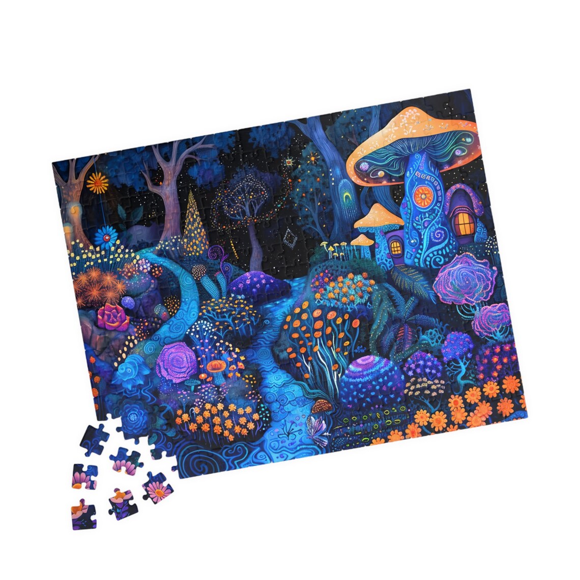 Midnight Mushroom House Glowing Forest Stream Fantasy Art Poster - Image 4