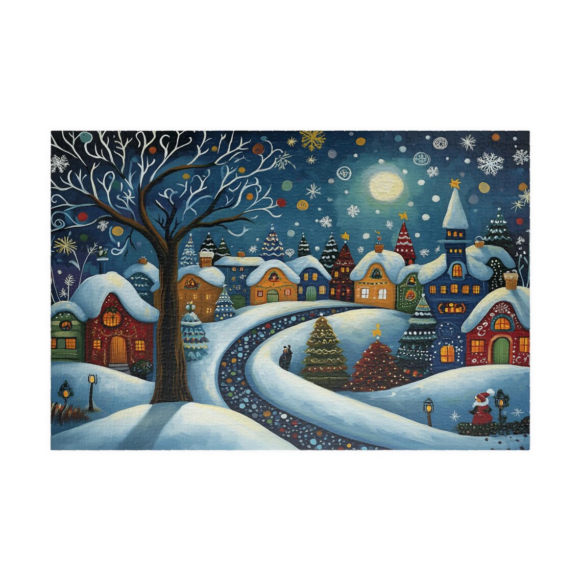 Moonlit Folk Art Christmas Village Snowy Cottages Night Art Poster - Image 3