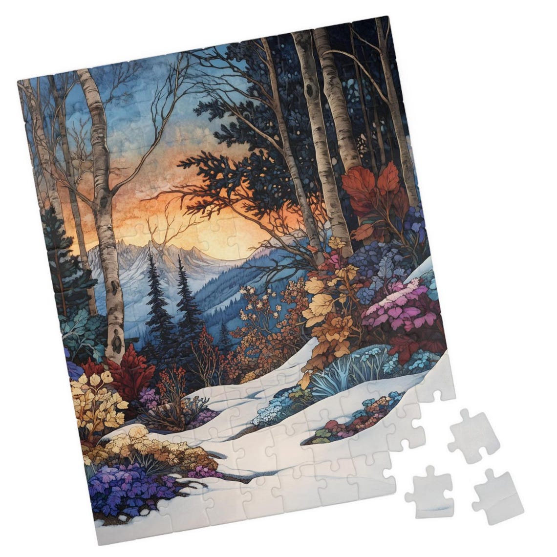 First Snow in Mountain Forest at Sunrise with Birch Trees Poster