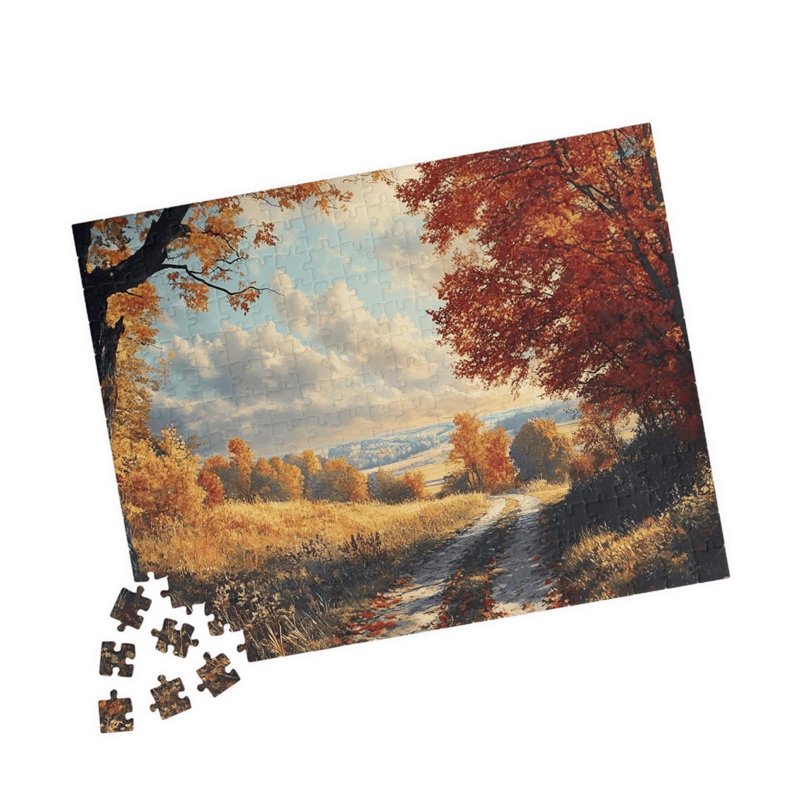 Autumn Country Road Through Golden and Red Trees Landscape Poster - Image 4