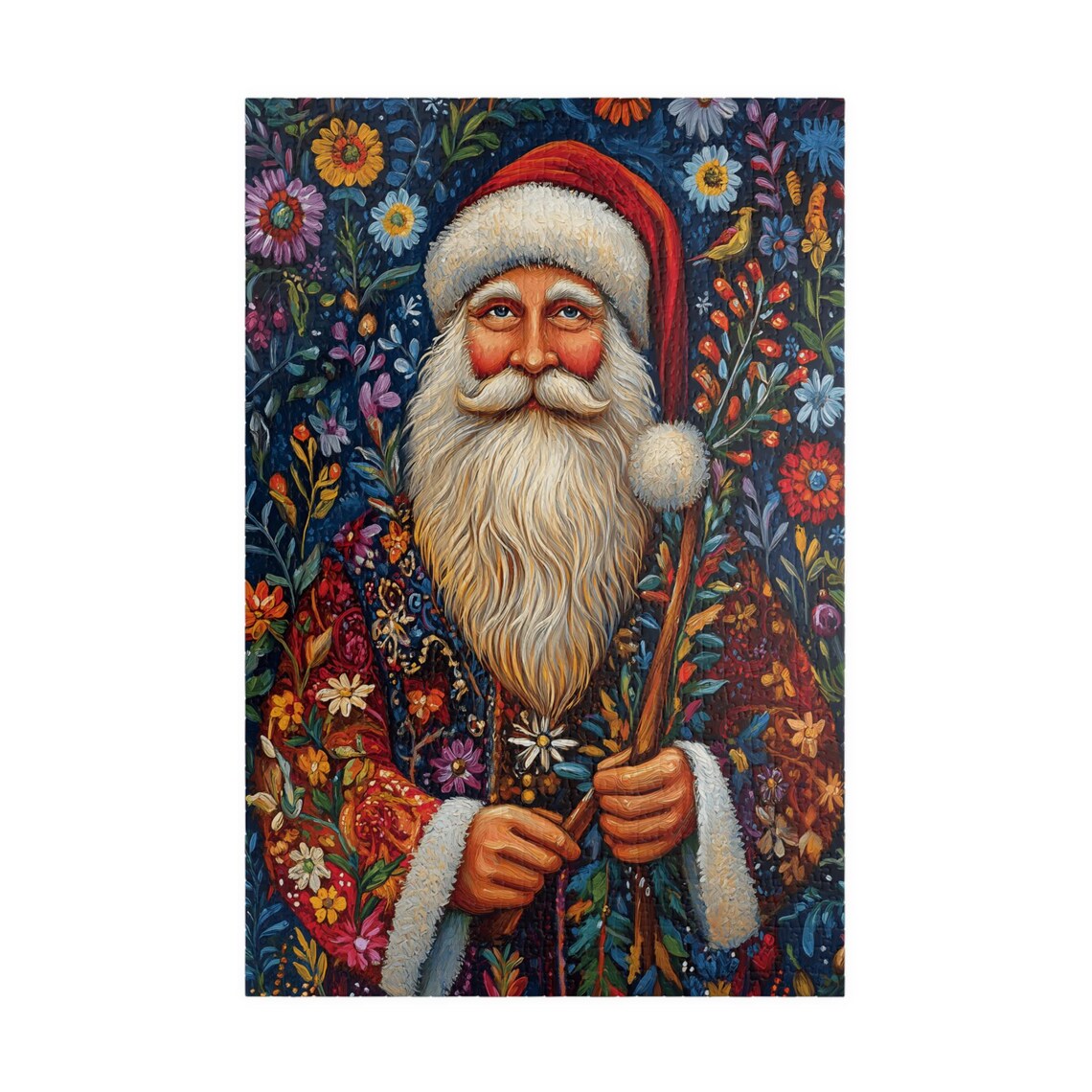 Santa Claus Portrait Folk Art Flowers Decorative Style Poster - Image 3