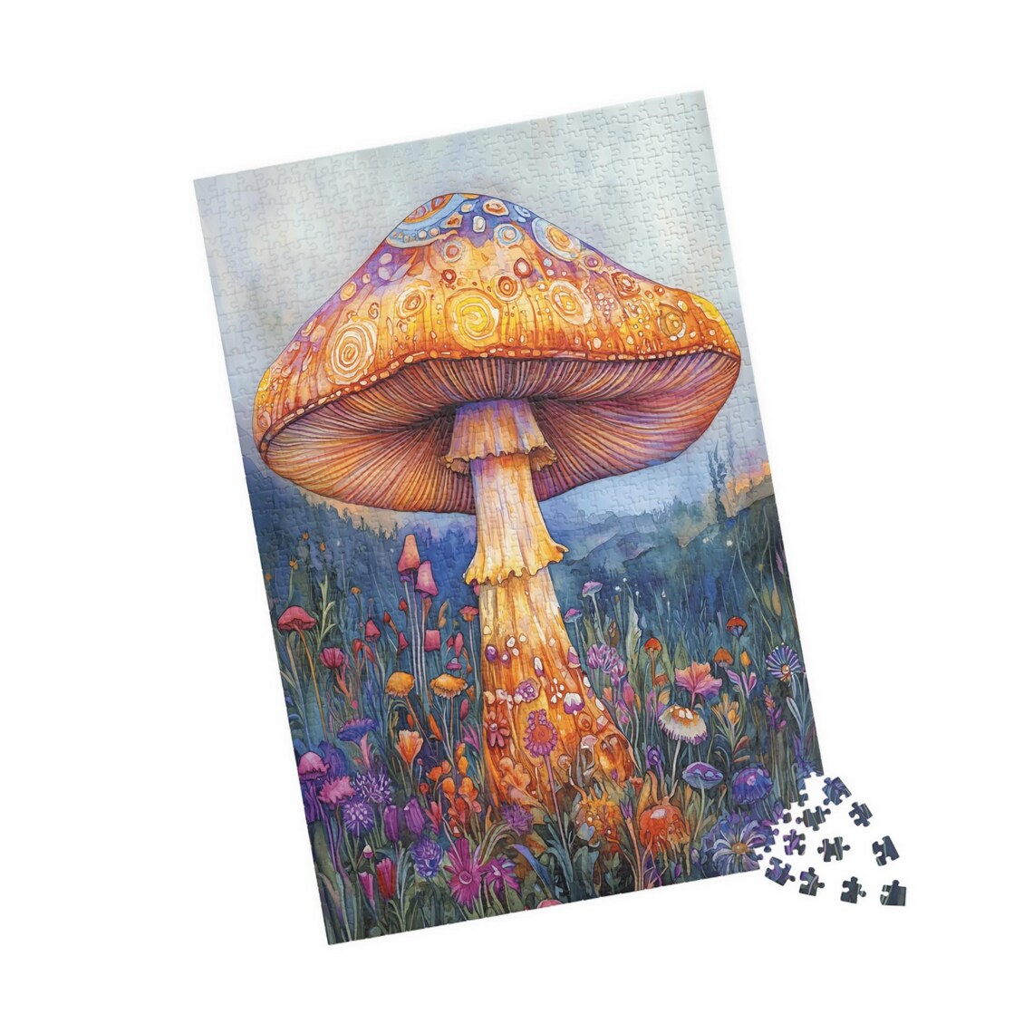Giant Ornate Orange Mushroom With Swirl Patterns In Flower Meadow Poster - Image 4