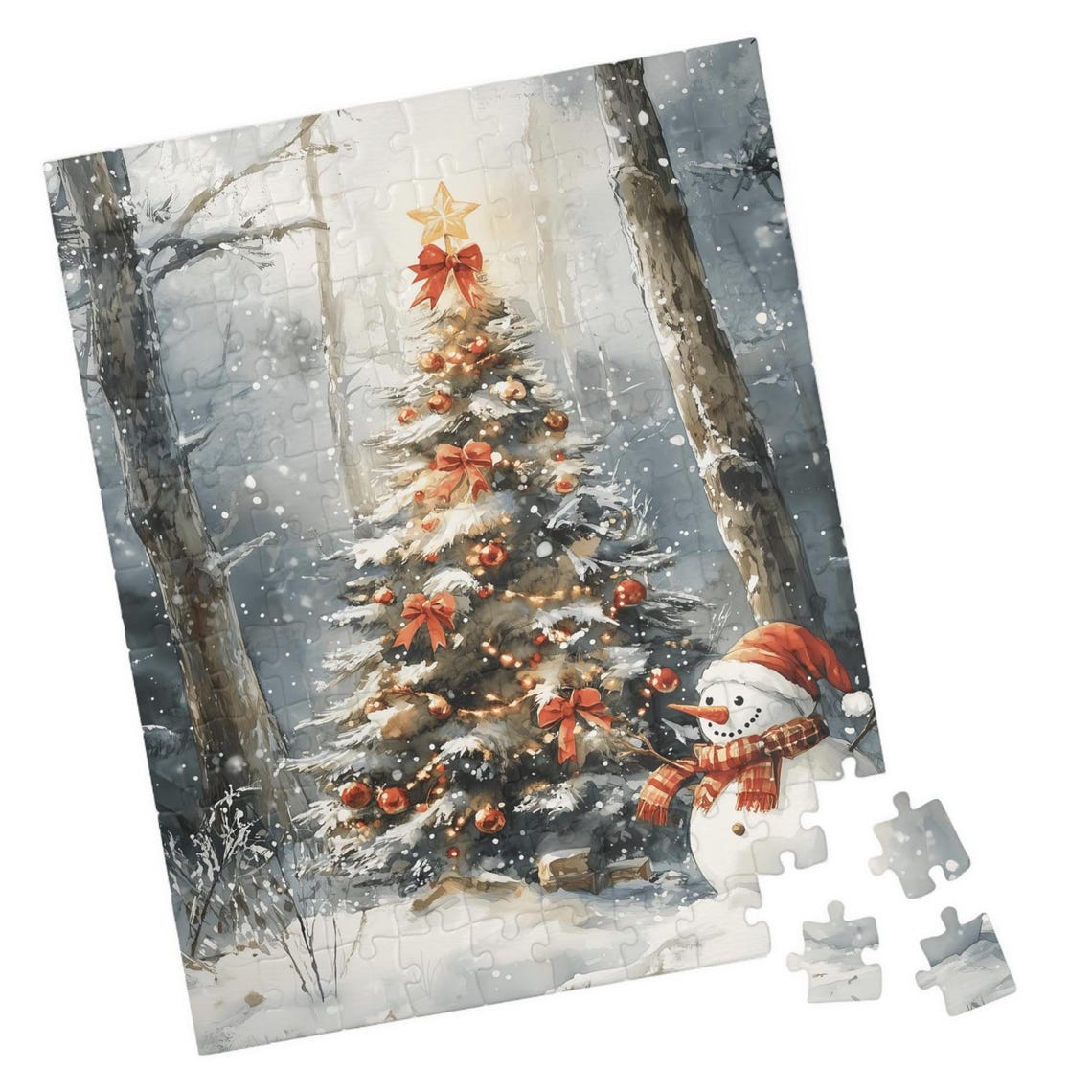 Snowman Peeking From Behind A Decorated Christmas Tree Winter Print