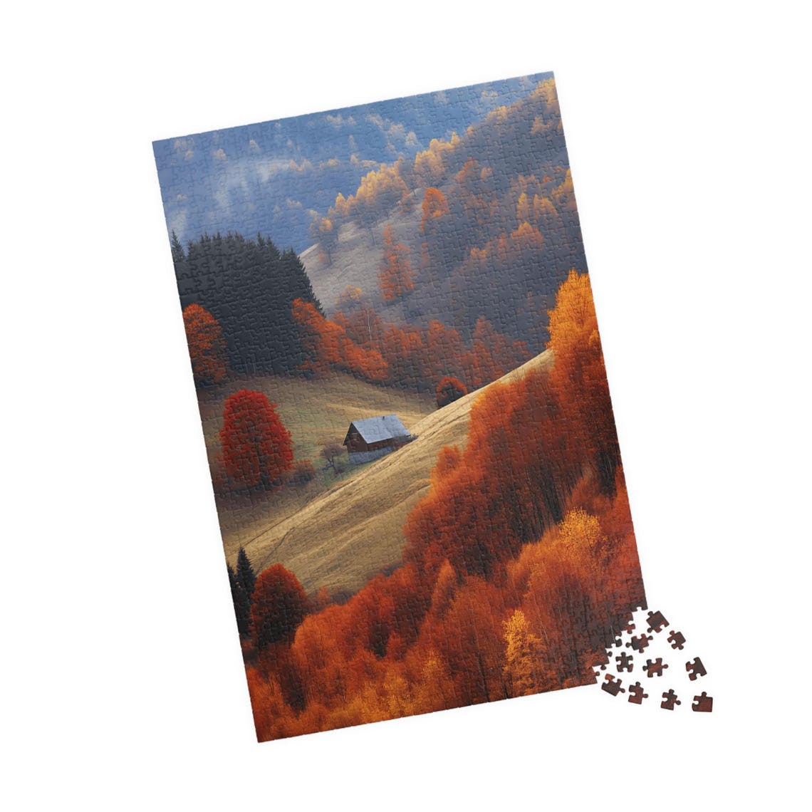 Autumn Mountain Cabin Surrounded by Fiery Red Fall Foliage Print - Image 4