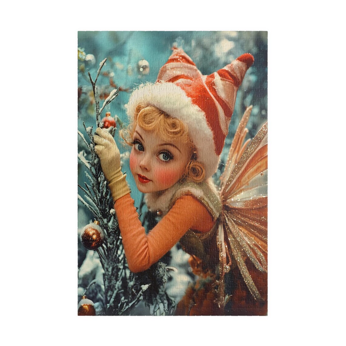 Vintage Fairy With Red And White Striped Hat In Snow Art Print - Image 3